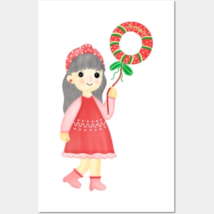 Cute little girl with xmas balloon. Posters and Art